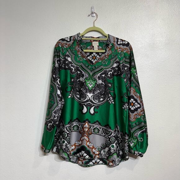 Chico's Green Print Satin V-Neck Blouse Sz 0/S - Picture 3 of 13